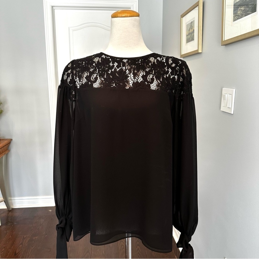 MELANIE LYNE Black Chiffon Long Sleeves Blouse with Lace Detail - Size 6